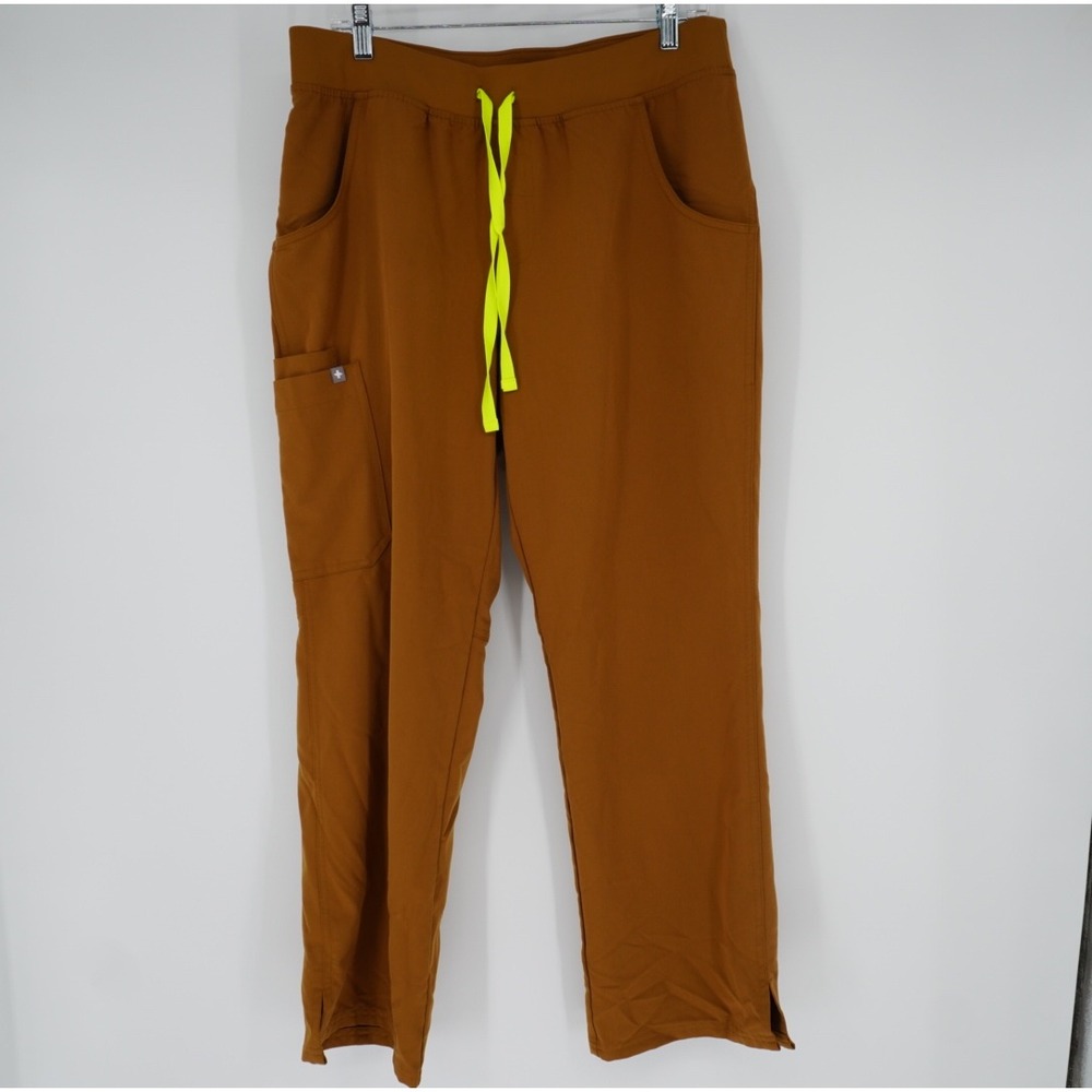 FIGS Technical Collection Scrub Pants Clay Brown Neon Yellow Drawstring Large P